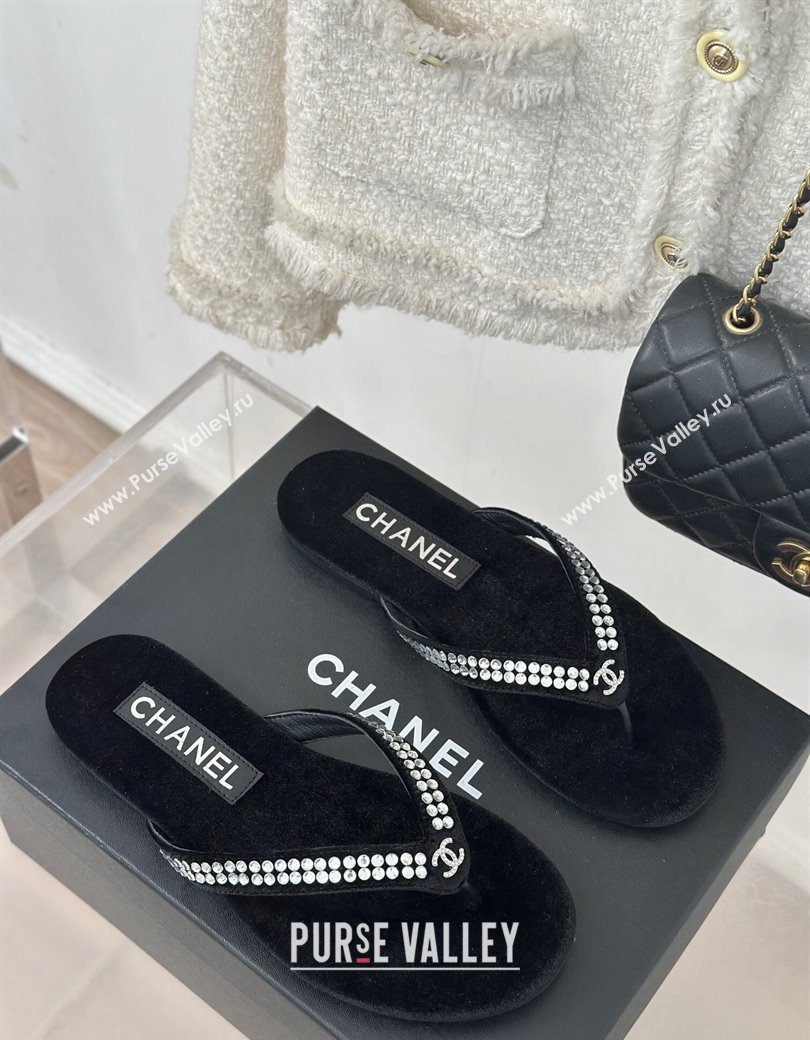 Chanel Velvet Flat Thongs Sandal with Strass G46205 Black 2024 (MD-241121183)