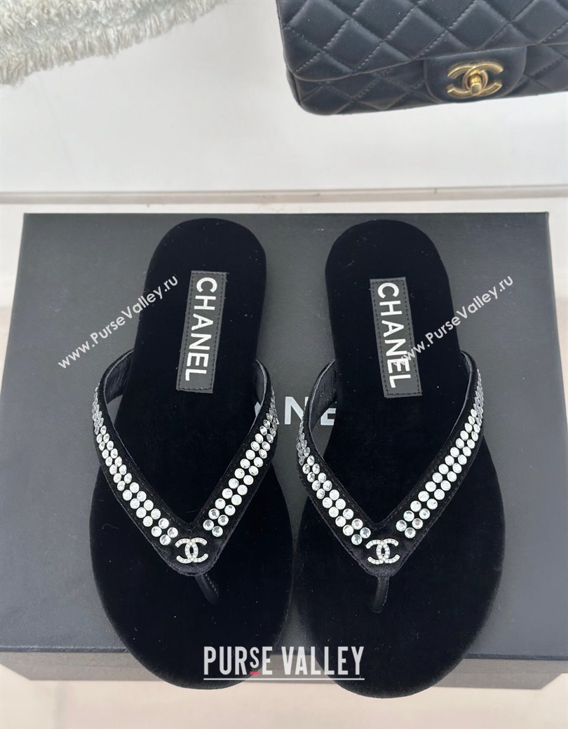 Chanel Velvet Flat Thongs Sandal with Strass G46205 Black 2024 (MD-241121183)