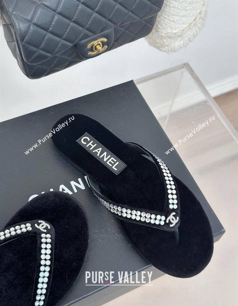 Chanel Velvet Flat Thongs Sandal with Strass G46205 Black 2024 (MD-241121183)