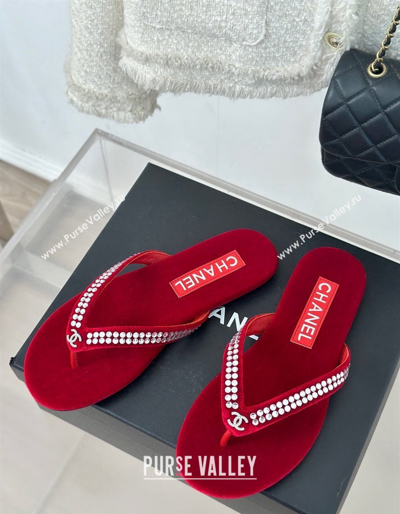 Chanel Velvet Flat Thongs Sandal with Strass G46205 Red 2024 (MD-241121185)