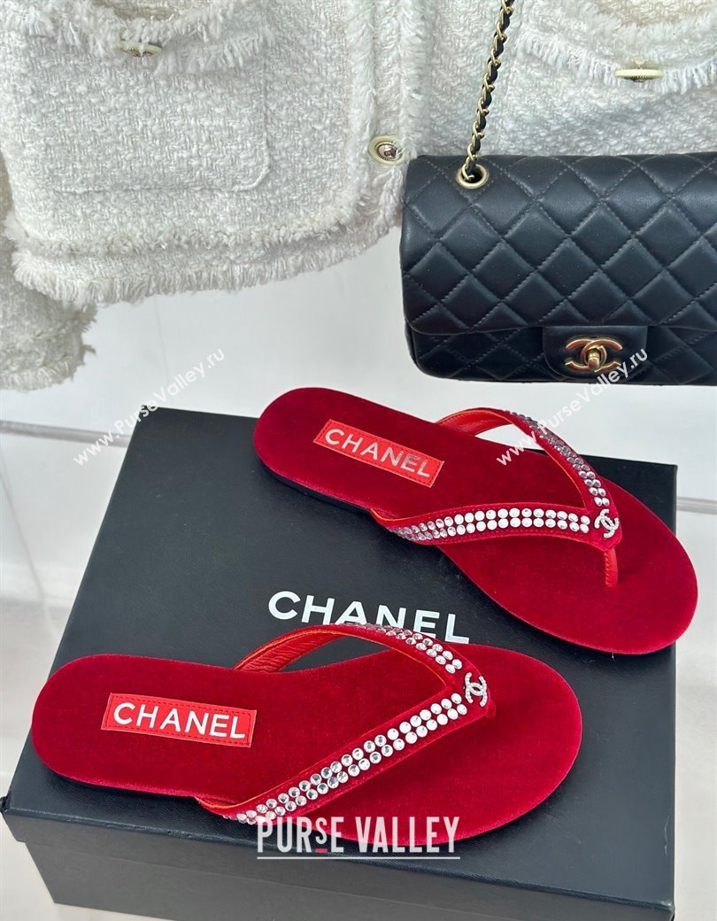 Chanel Velvet Flat Thongs Sandal with Strass G46205 Red 2024 (MD-241121185)