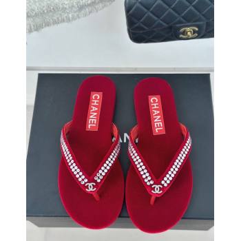 Chanel Velvet Flat Thongs Sandal with Strass G46205 Red 2024 (MD-241121185)