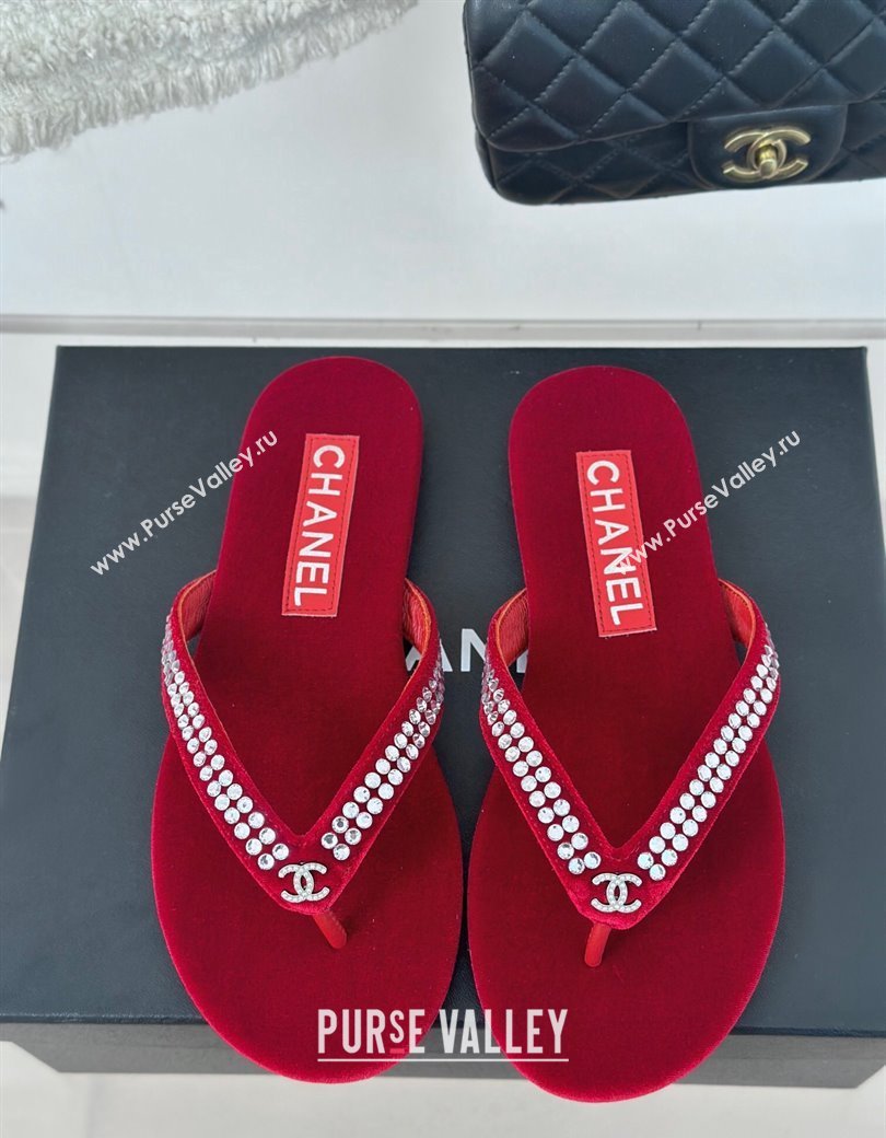 Chanel Velvet Flat Thongs Sandal with Strass G46205 Red 2024 (MD-241121185)