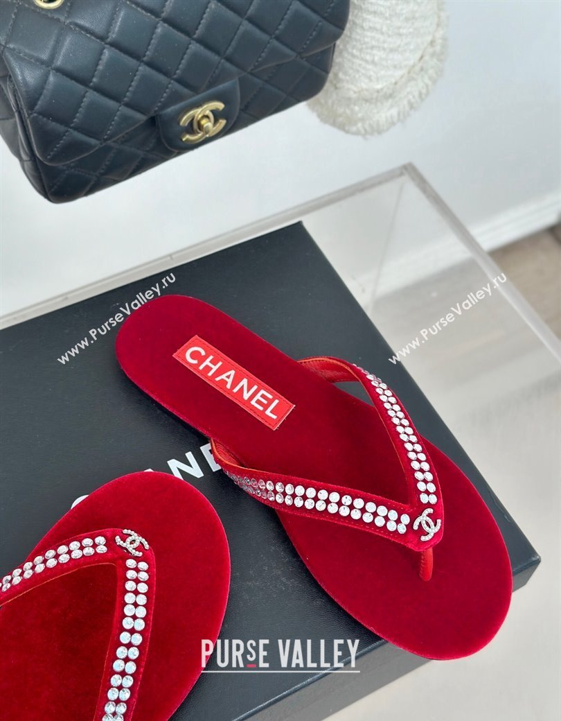 Chanel Velvet Flat Thongs Sandal with Strass G46205 Red 2024 (MD-241121185)