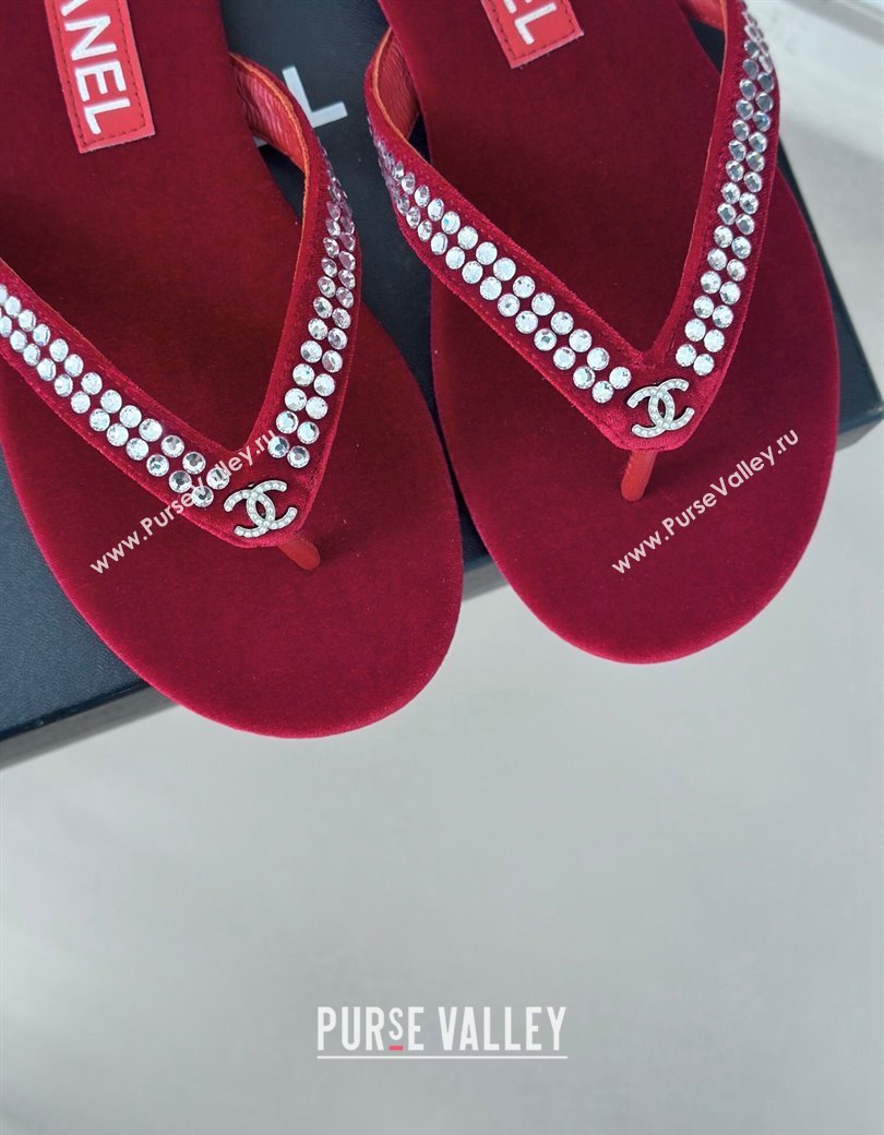 Chanel Velvet Flat Thongs Sandal with Strass G46205 Red 2024 (MD-241121185)