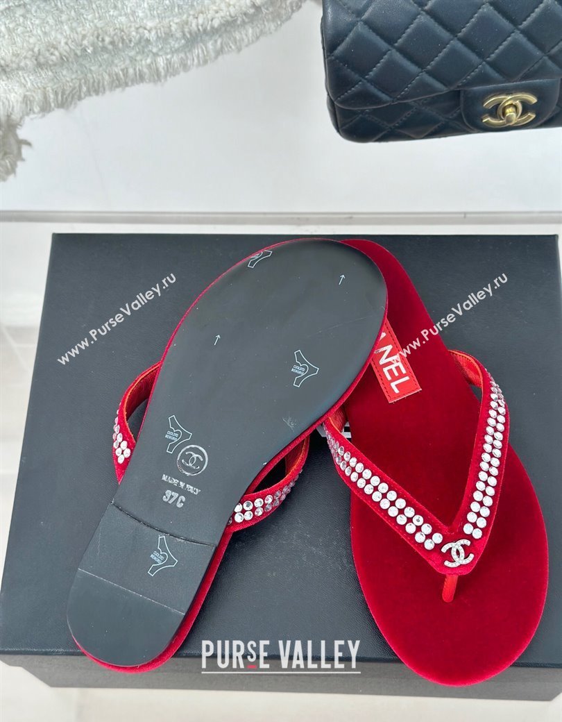 Chanel Velvet Flat Thongs Sandal with Strass G46205 Red 2024 (MD-241121185)