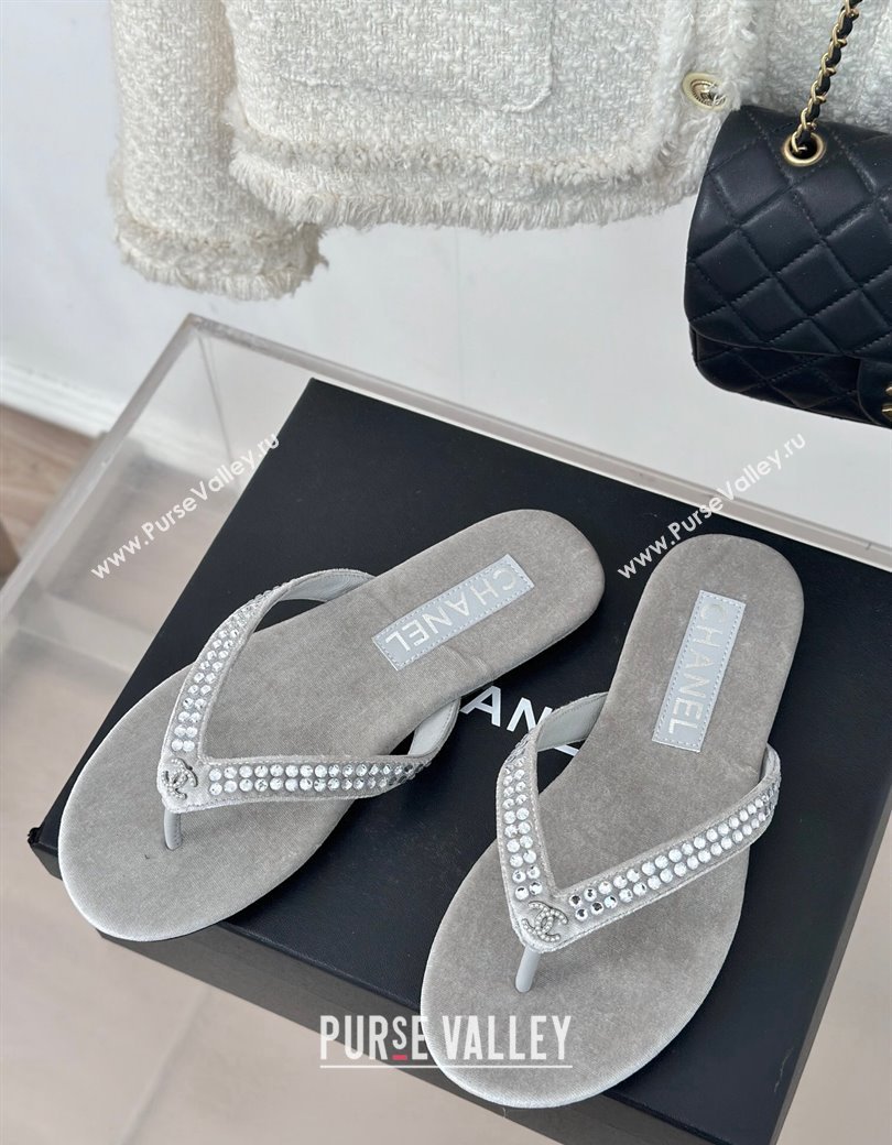 Chanel Velvet Flat Thongs Sandal with Strass G46205 Grey 2024 (MD-241121187)