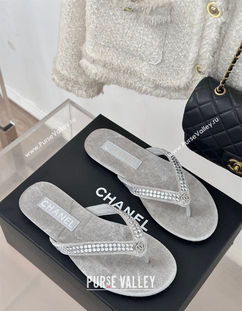 Chanel Velvet Flat Thongs Sandal with Strass G46205 Grey 2024 (MD-241121187)