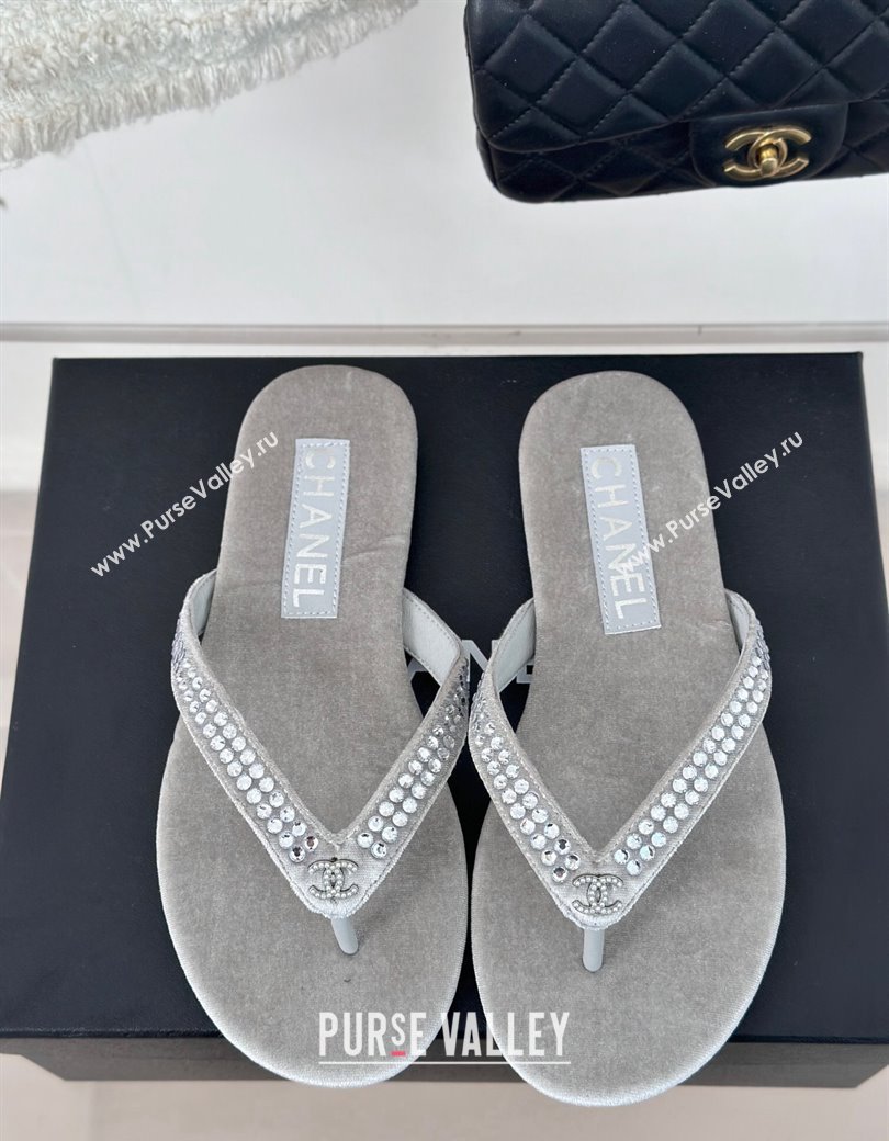 Chanel Velvet Flat Thongs Sandal with Strass G46205 Grey 2024 (MD-241121187)