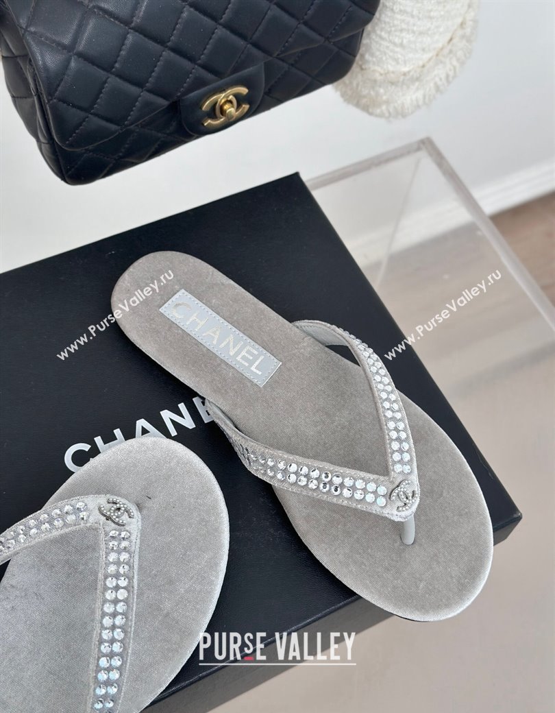 Chanel Velvet Flat Thongs Sandal with Strass G46205 Grey 2024 (MD-241121187)