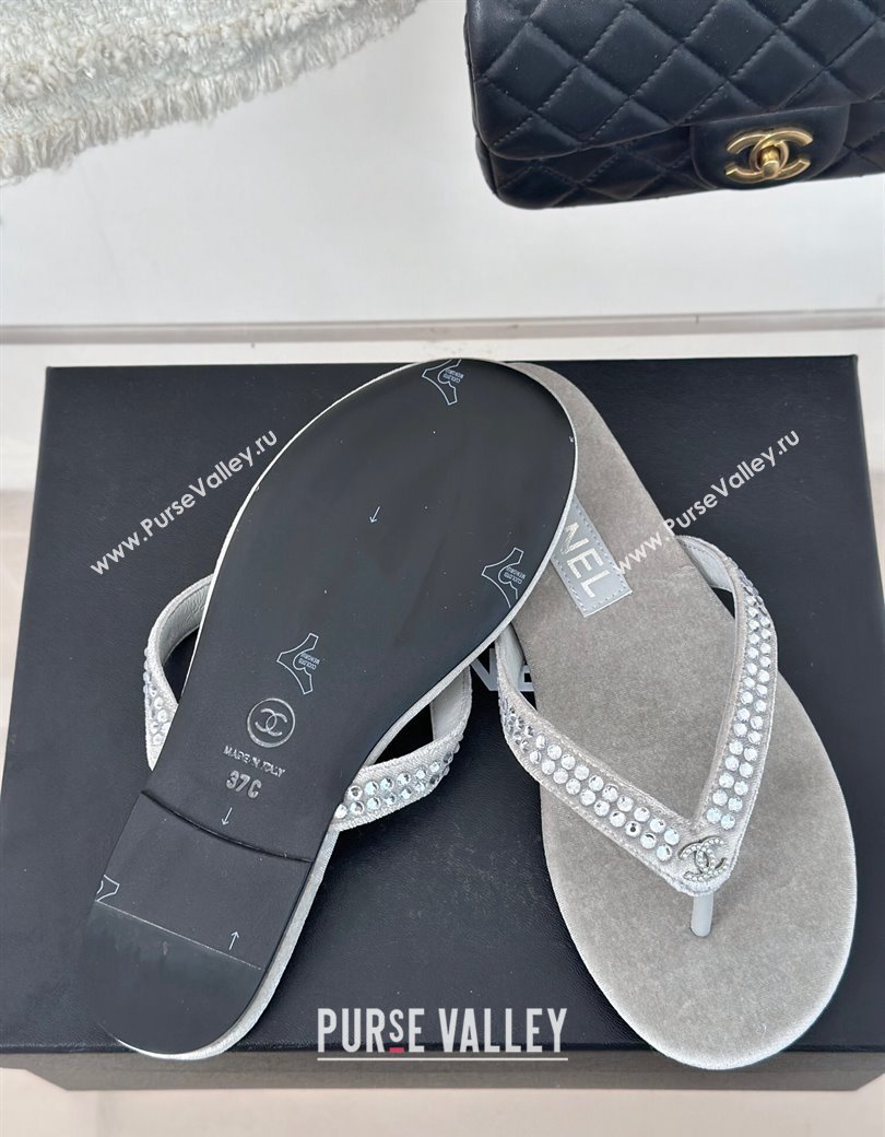 Chanel Velvet Flat Thongs Sandal with Strass G46205 Grey 2024 (MD-241121187)