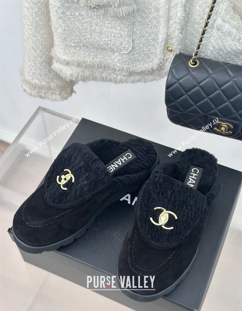 Chanel Suede Wool Flat Mules with CC Foldover G45474 Black 2024 (MD-241120088)