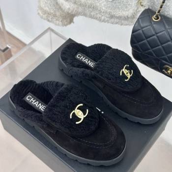 Chanel Suede Wool Flat Mules with CC Foldover G45474 Black 2024 (MD-241120088)