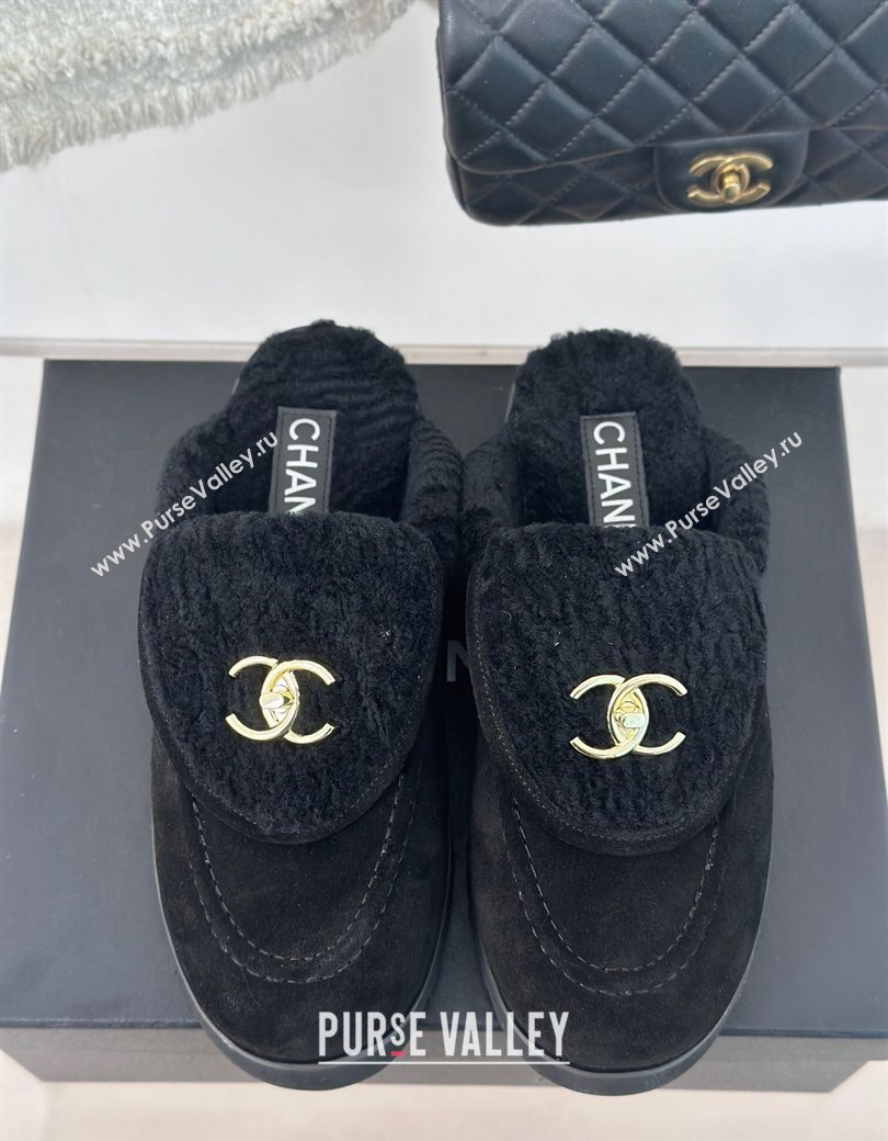 Chanel Suede Wool Flat Mules with CC Foldover G45474 Black 2024 (MD-241120088)