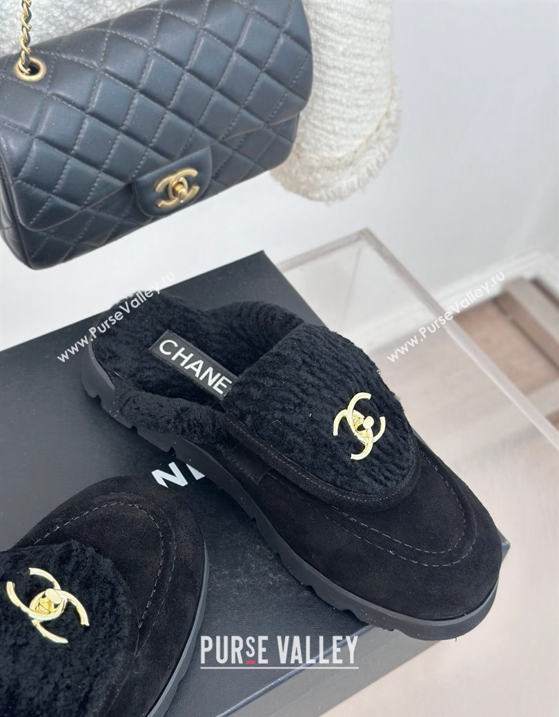 Chanel Suede Wool Flat Mules with CC Foldover G45474 Black 2024 (MD-241120088)