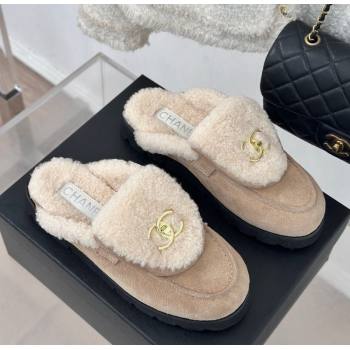 Chanel Suede Wool Flat Mules with CC Foldover G45474 Beige 2024 (MD-241120089)