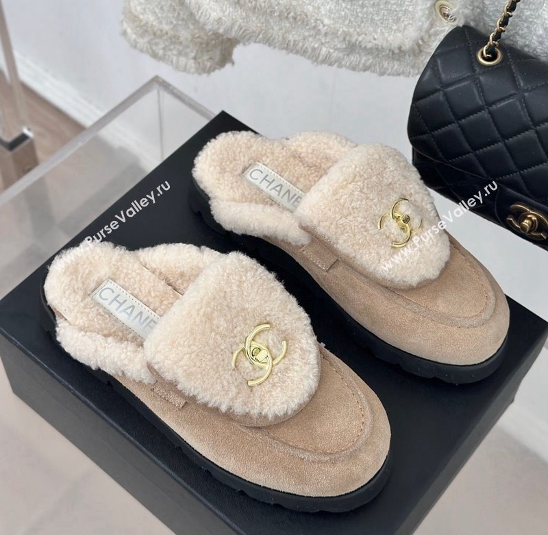 Chanel Suede Wool Flat Mules with CC Foldover G45474 Beige 2024 (MD-241120089)