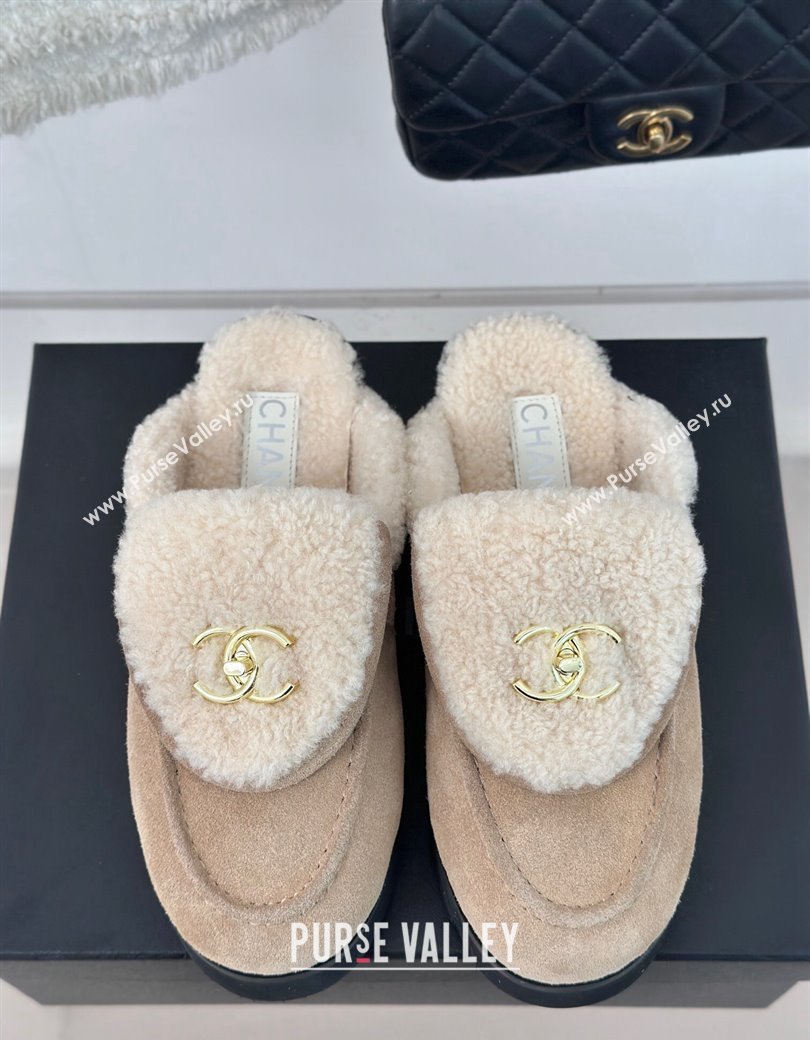 Chanel Suede Wool Flat Mules with CC Foldover G45474 Beige 2024 (MD-241120089)