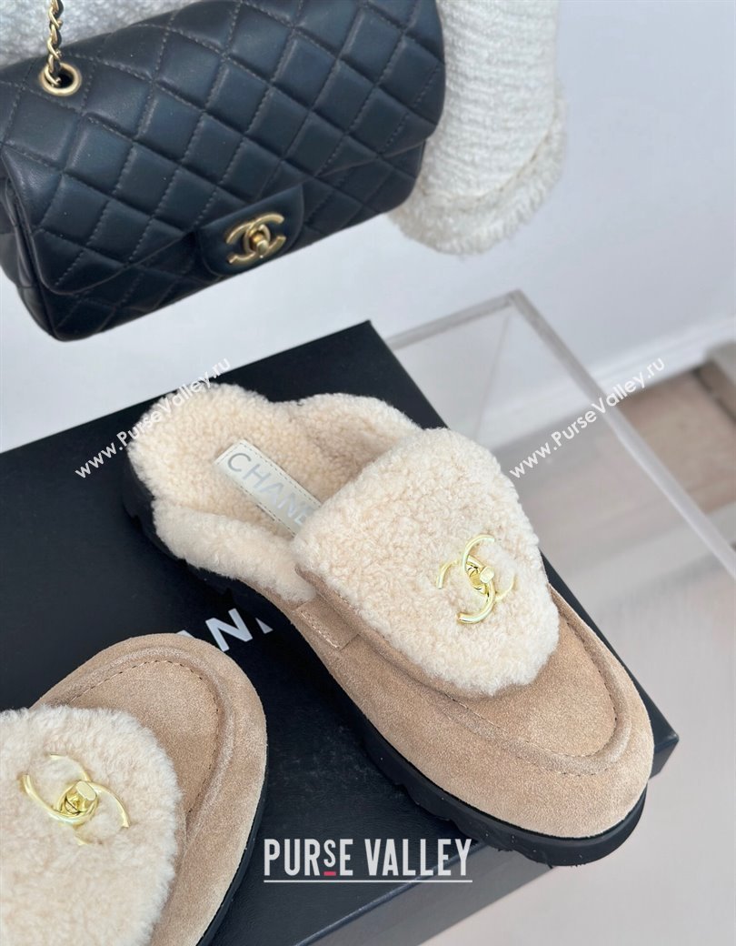 Chanel Suede Wool Flat Mules with CC Foldover G45474 Beige 2024 (MD-241120089)