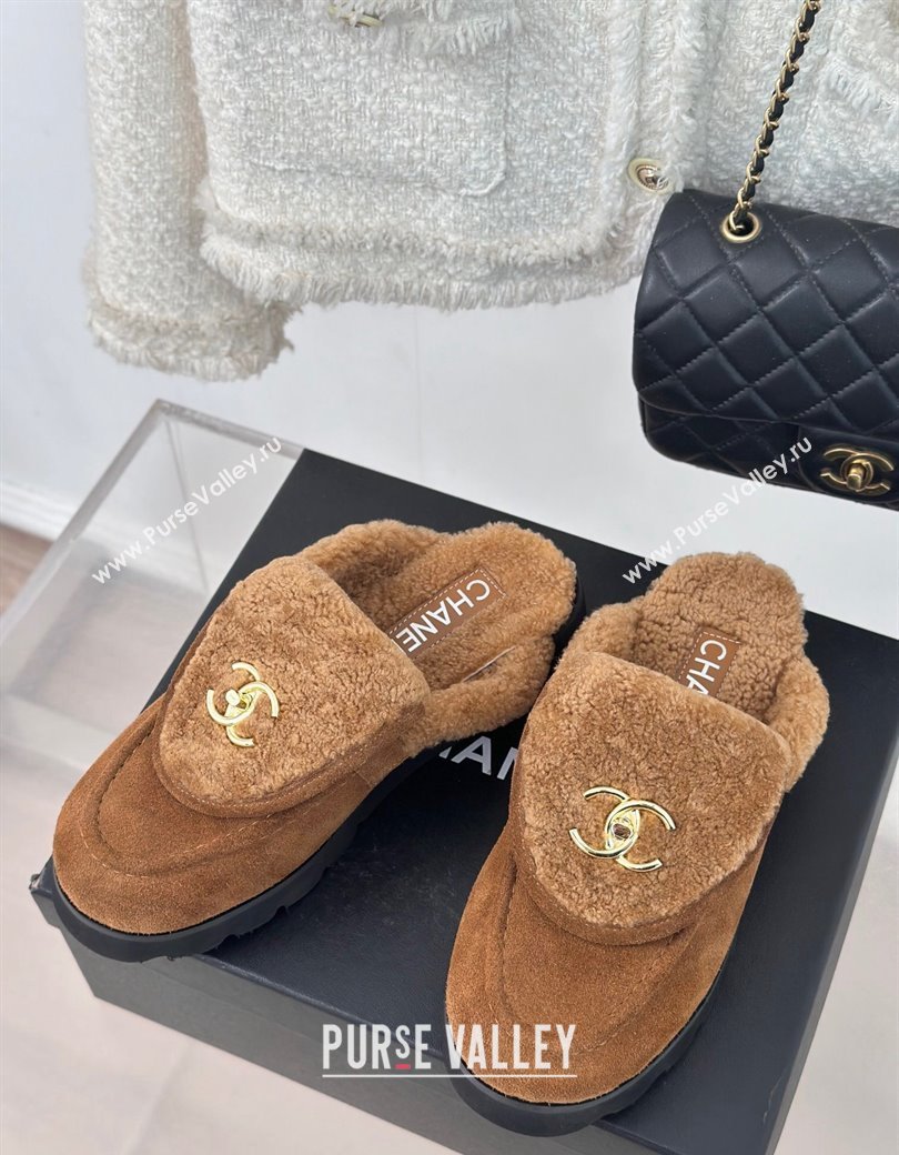 Chanel Suede Wool Flat Mules with CC Foldover G45474 Brown 2024 (MD-241120090)