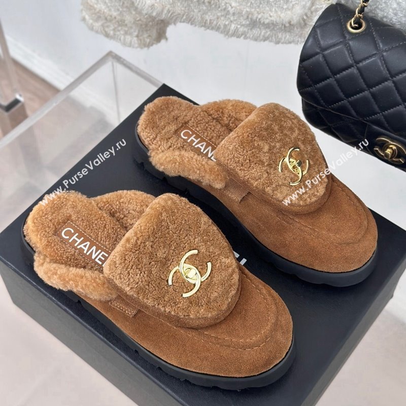 Chanel Suede Wool Flat Mules with CC Foldover G45474 Brown 2024 (MD-241120090)