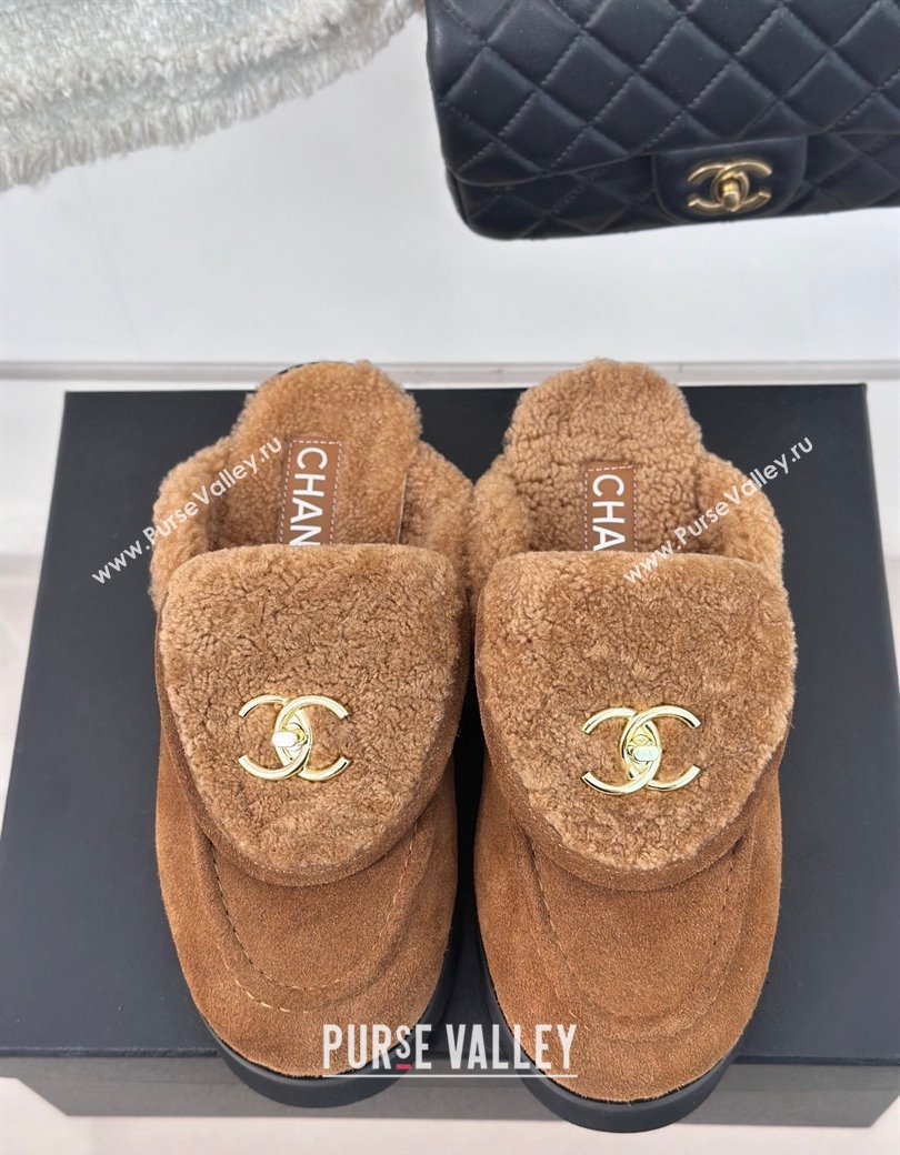 Chanel Suede Wool Flat Mules with CC Foldover G45474 Brown 2024 (MD-241120090)