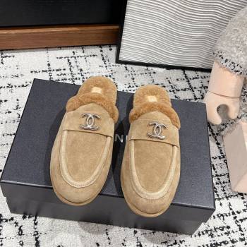 Chanel Suede Shearling Wool Flat Mules Beige 2024 CH112116 (KL-241121097)