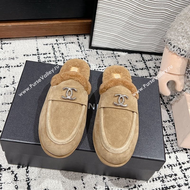 Chanel Suede Shearling Wool Flat Mules Beige 2024 CH112116 (KL-241121097)