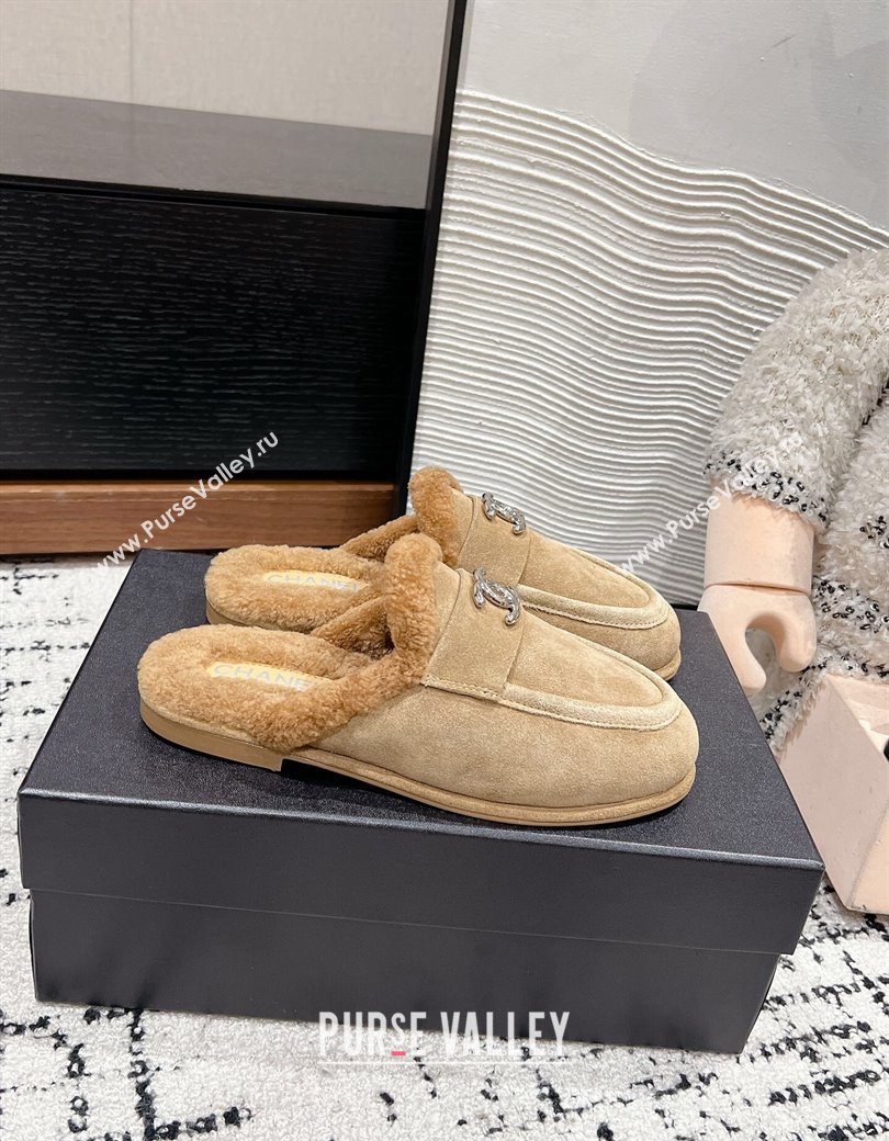 Chanel Suede Shearling Wool Flat Mules Beige 2024 CH112116 (KL-241121097)