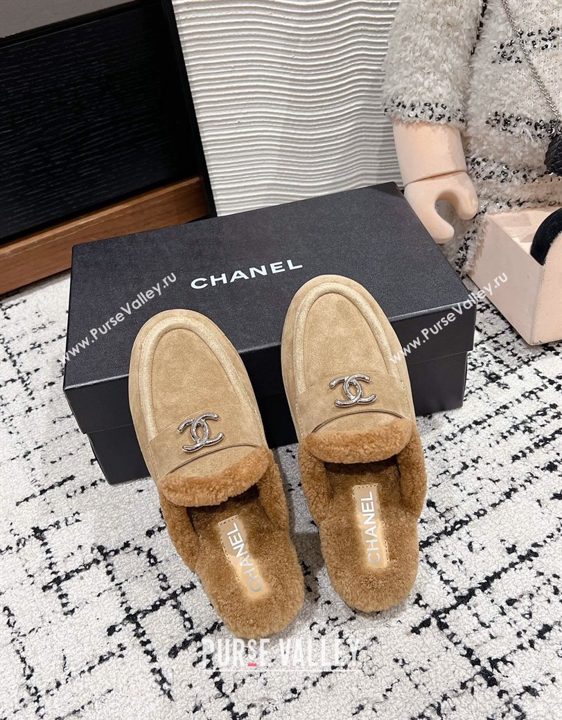 Chanel Suede Shearling Wool Flat Mules Beige 2024 CH112116 (KL-241121097)