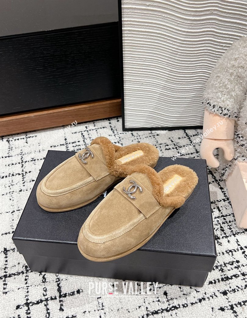 Chanel Suede Shearling Wool Flat Mules Beige 2024 CH112116 (KL-241121097)