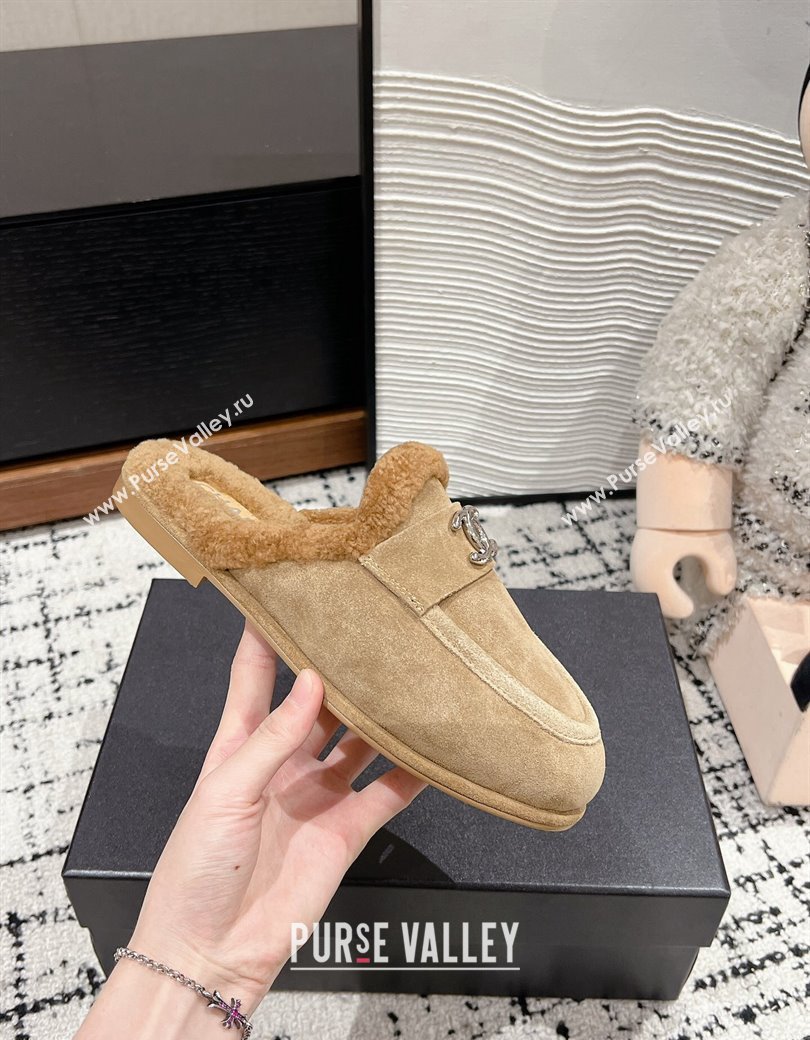 Chanel Suede Shearling Wool Flat Mules Beige 2024 CH112116 (KL-241121097)