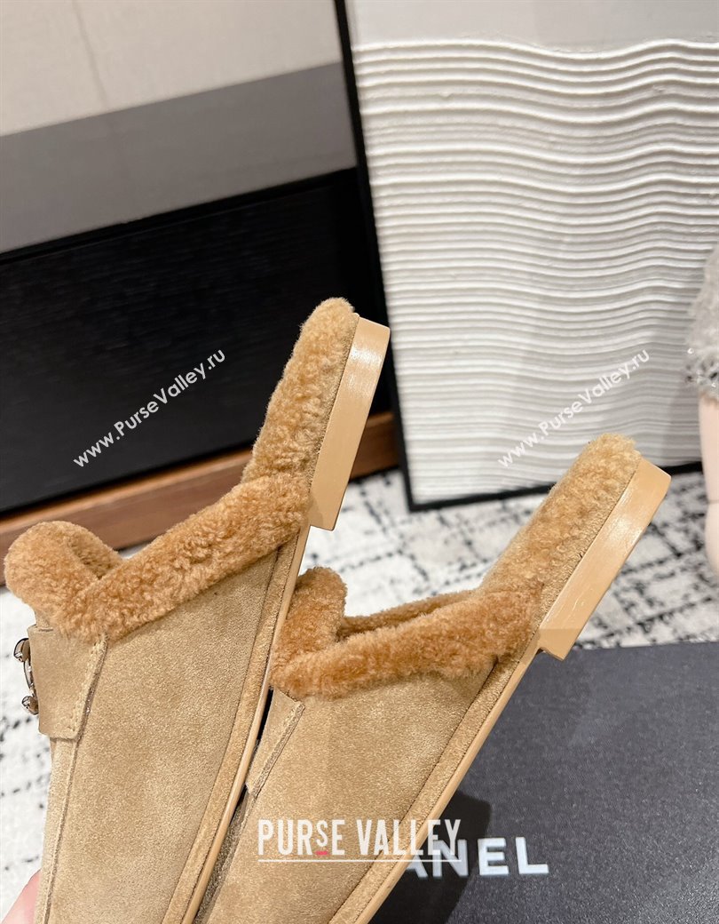 Chanel Suede Shearling Wool Flat Mules Beige 2024 CH112116 (KL-241121097)