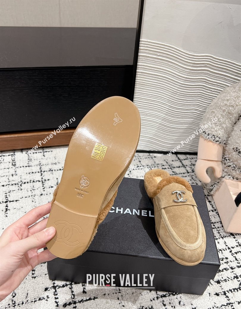 Chanel Suede Shearling Wool Flat Mules Beige 2024 CH112116 (KL-241121097)