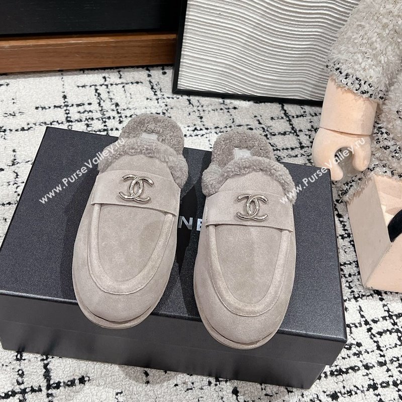 Chanel Suede Shearling Wool Flat Mules Grey 2024 CH112116 (KL-241121098)