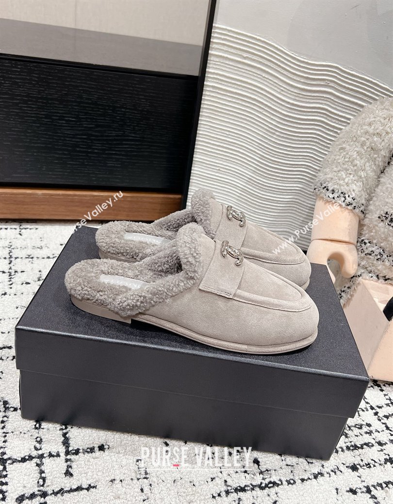 Chanel Suede Shearling Wool Flat Mules Grey 2024 CH112116 (KL-241121098)