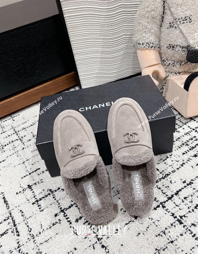 Chanel Suede Shearling Wool Flat Mules Grey 2024 CH112116 (KL-241121098)