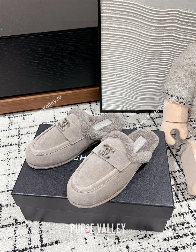 Chanel Suede Shearling Wool Flat Mules Grey 2024 CH112116 (KL-241121098)