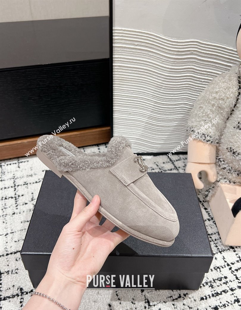 Chanel Suede Shearling Wool Flat Mules Grey 2024 CH112116 (KL-241121098)