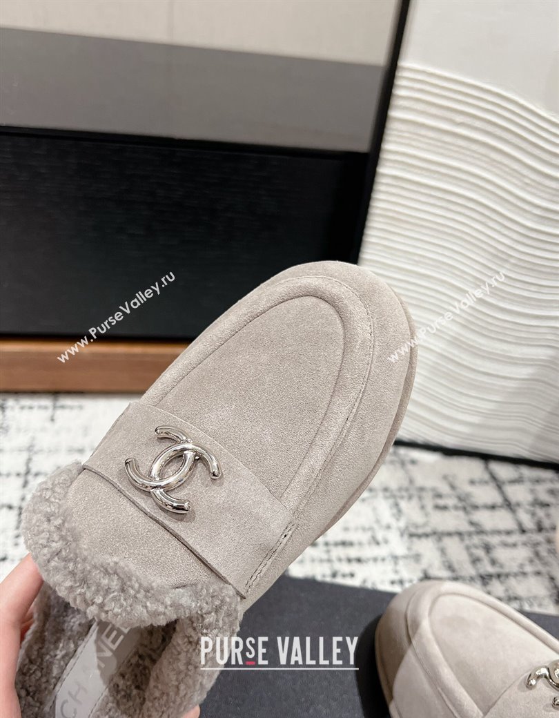 Chanel Suede Shearling Wool Flat Mules Grey 2024 CH112116 (KL-241121098)