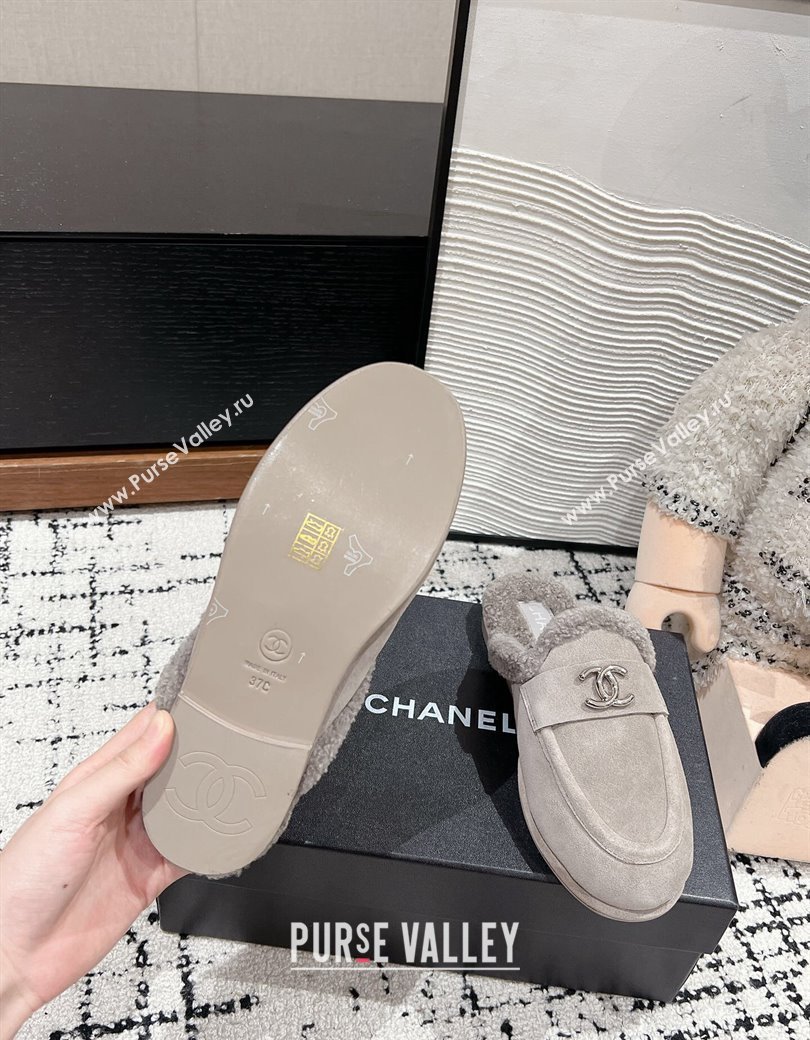 Chanel Suede Shearling Wool Flat Mules Grey 2024 CH112116 (KL-241121098)