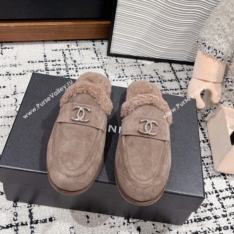 Chanel Suede Shearling Wool Flat Mules Khaki 2024 CH112116 (KL-241121099)