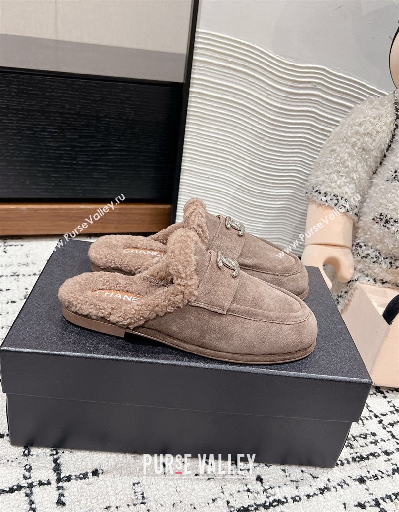 Chanel Suede Shearling Wool Flat Mules Khaki 2024 CH112116 (KL-241121099)