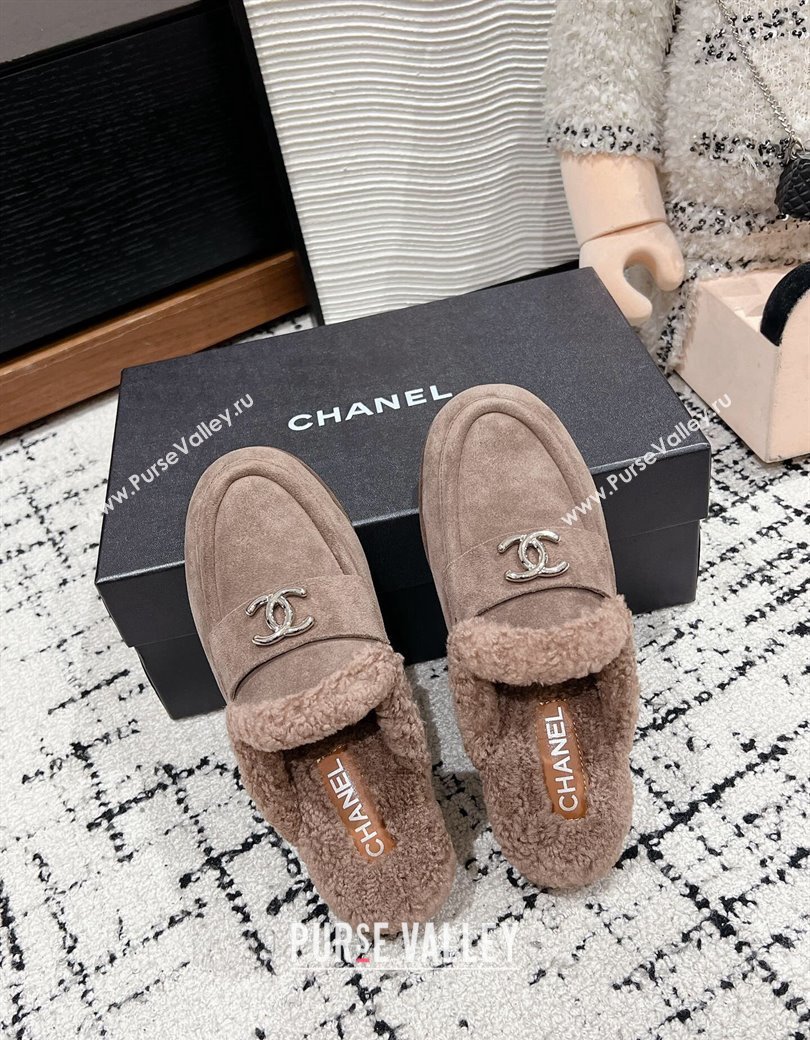 Chanel Suede Shearling Wool Flat Mules Khaki 2024 CH112116 (KL-241121099)