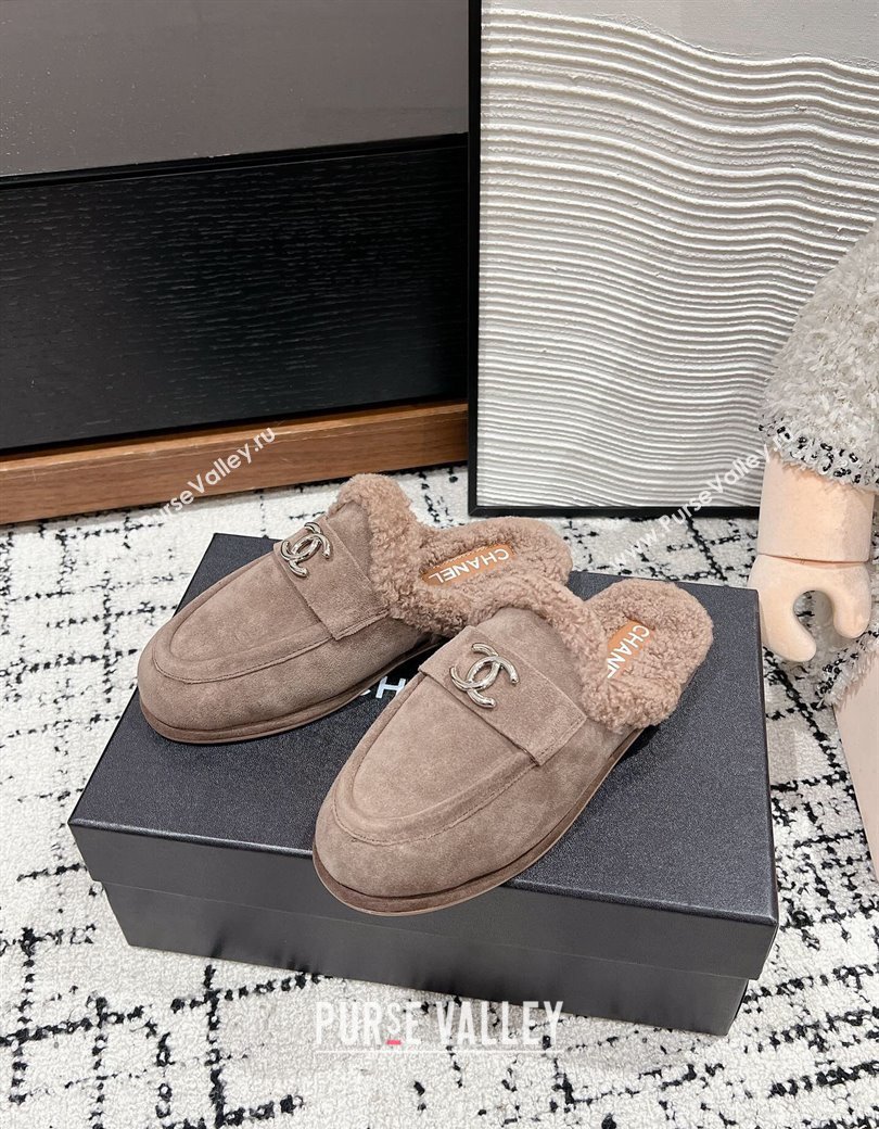 Chanel Suede Shearling Wool Flat Mules Khaki 2024 CH112116 (KL-241121099)