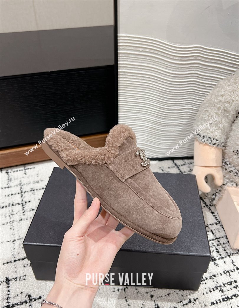 Chanel Suede Shearling Wool Flat Mules Khaki 2024 CH112116 (KL-241121099)