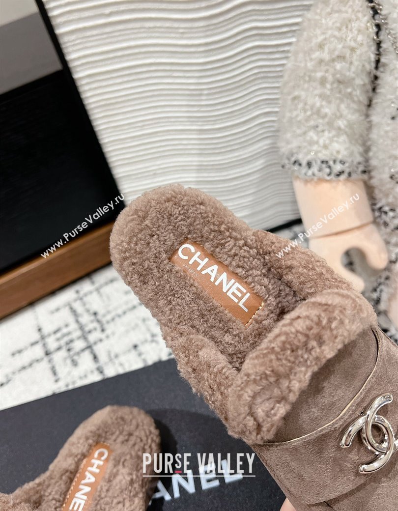 Chanel Suede Shearling Wool Flat Mules Khaki 2024 CH112116 (KL-241121099)