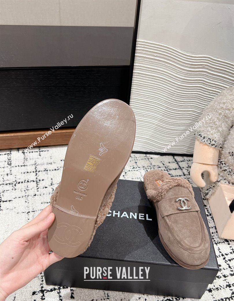 Chanel Suede Shearling Wool Flat Mules Khaki 2024 CH112116 (KL-241121099)