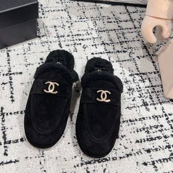 Chanel Suede Shearling Wool Flat Mules Black 2024 CH112116 (KL-241121100)