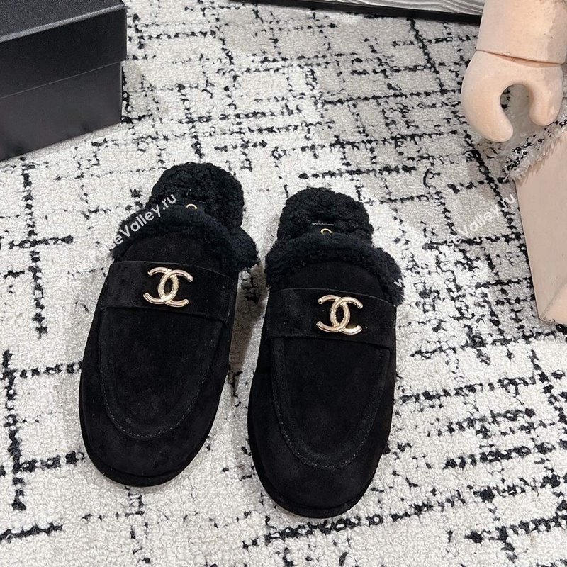 Chanel Suede Shearling Wool Flat Mules Black 2024 CH112116 (KL-241121100)